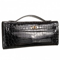 Hermes Kelly Longue Clutch Crocodile Leather Black  608165