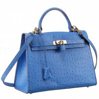 Hermes Kelly 32 Blue Ostrich Leather 607479