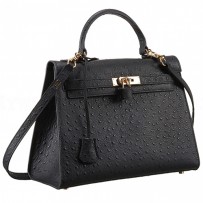 Hermes Kelly 32 Black Ostrich Leather 607478