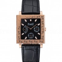 Piaget Emperador Limited Edition Black Dial Engraved Gold Case Black Leather Bracelet  1454137